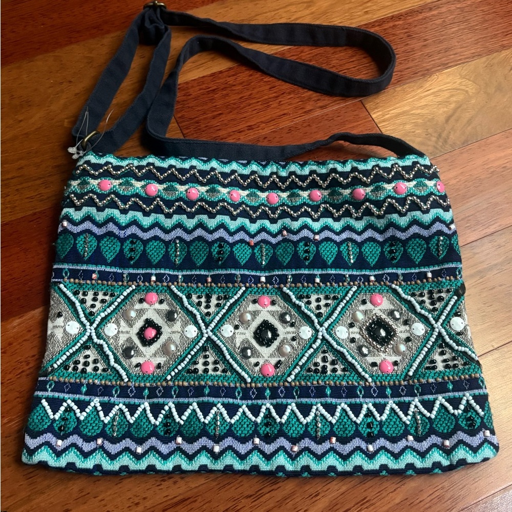 Stephanie Nicole NY Beaded Purse Crossbody Bag Festival Boho Blue Green Pink